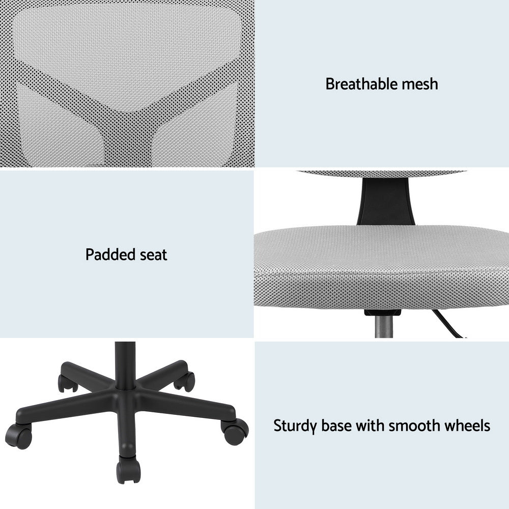 Armless Office Chair | Wheels | Ergonomic Swivel | Height Adjustable | Grey