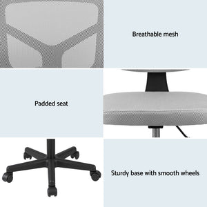 Armless Office Chair | Wheels | Ergonomic Swivel | Height Adjustable | Grey