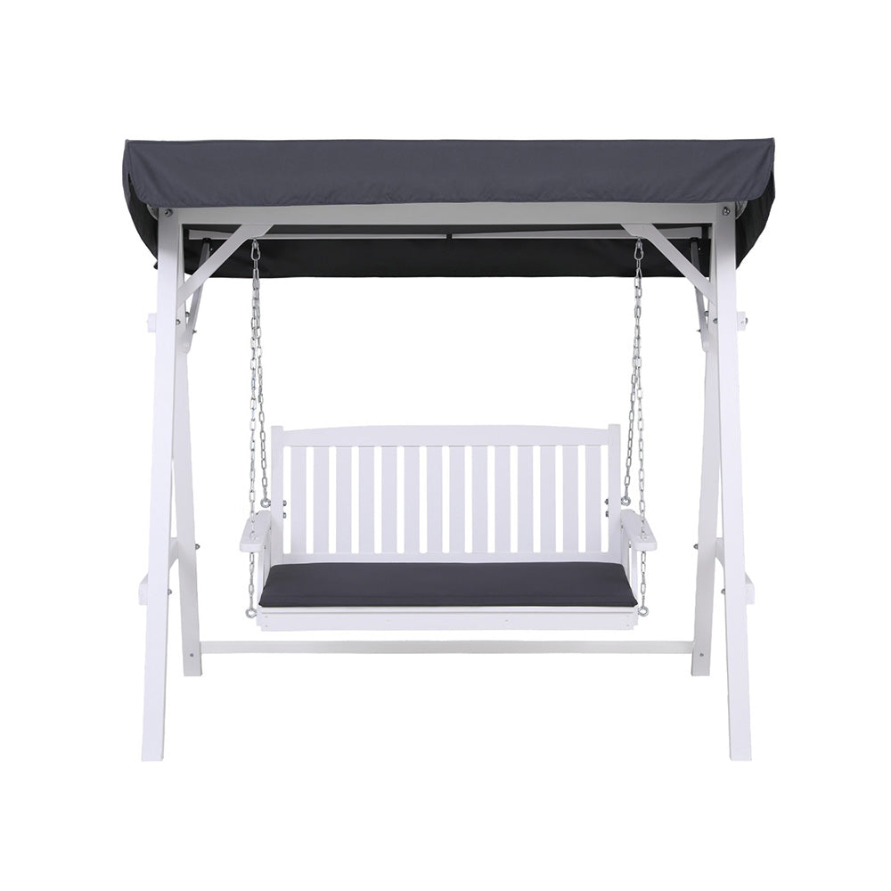 Outdoor Wooden Swing Chair | Garden Bench with Canopy & Cushion | 3-Seater | White