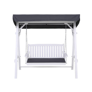 Outdoor Wooden Swing Chair | Garden Bench with Canopy & Cushion | 3-Seater | White