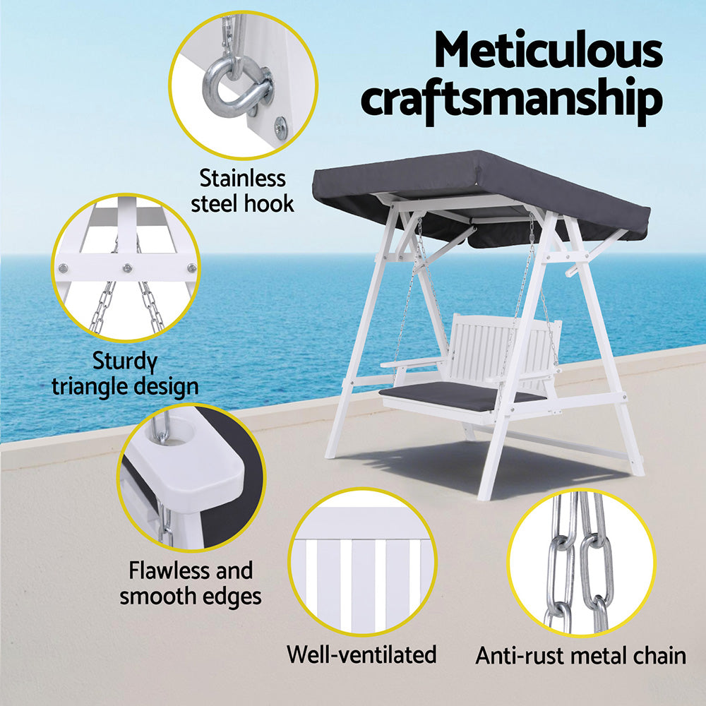 Outdoor Wooden Swing Chair | Garden Bench with Canopy & Cushion | 3-Seater | White