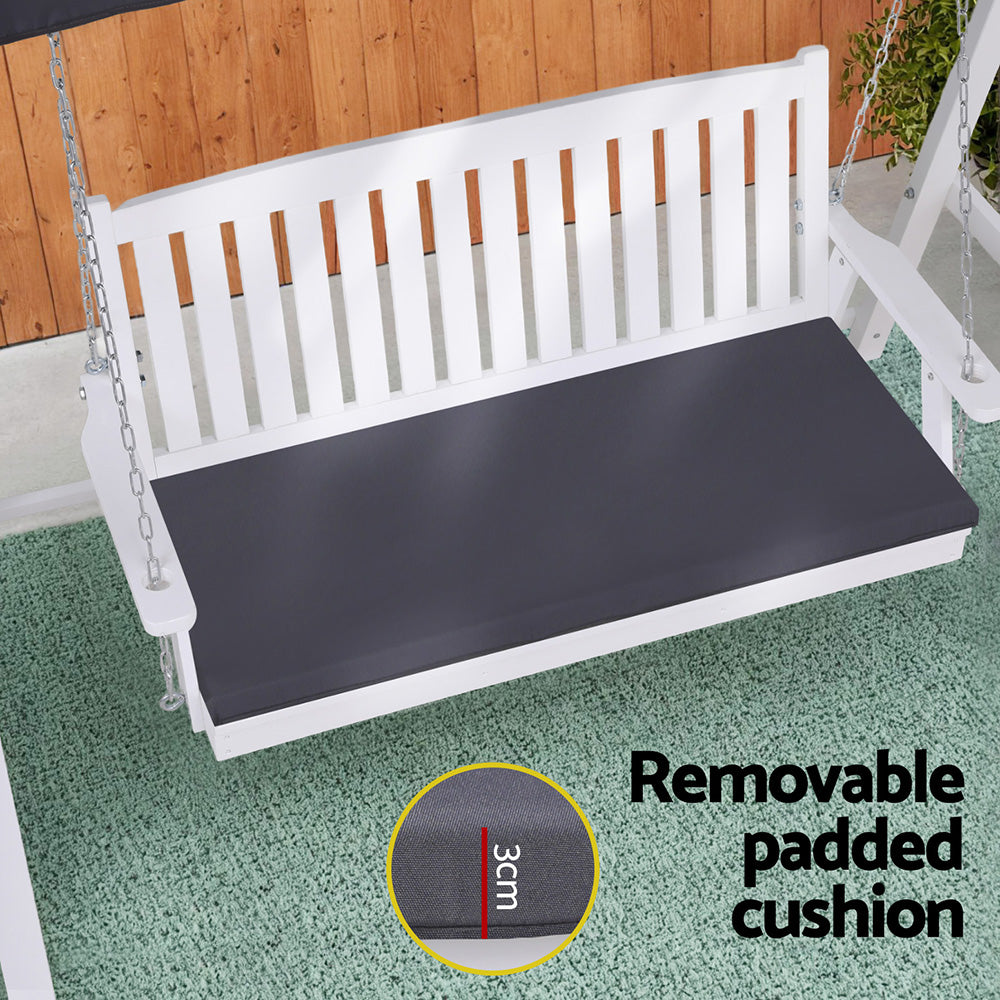 Outdoor Wooden Swing Chair | Garden Bench with Canopy & Cushion | 3-Seater | White