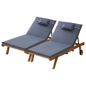 2x Sun Lounge | Wooden Lounger | Outdoor Furniture | Day Bed | Wheel Patio | Grey