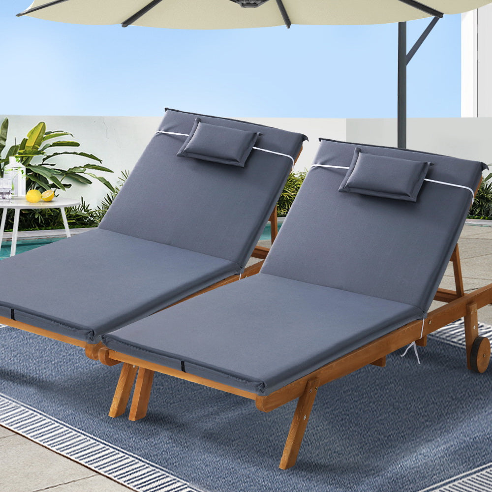 2x Sun Lounge | Wooden Lounger | Outdoor Furniture | Day Bed | Wheel Patio | Grey