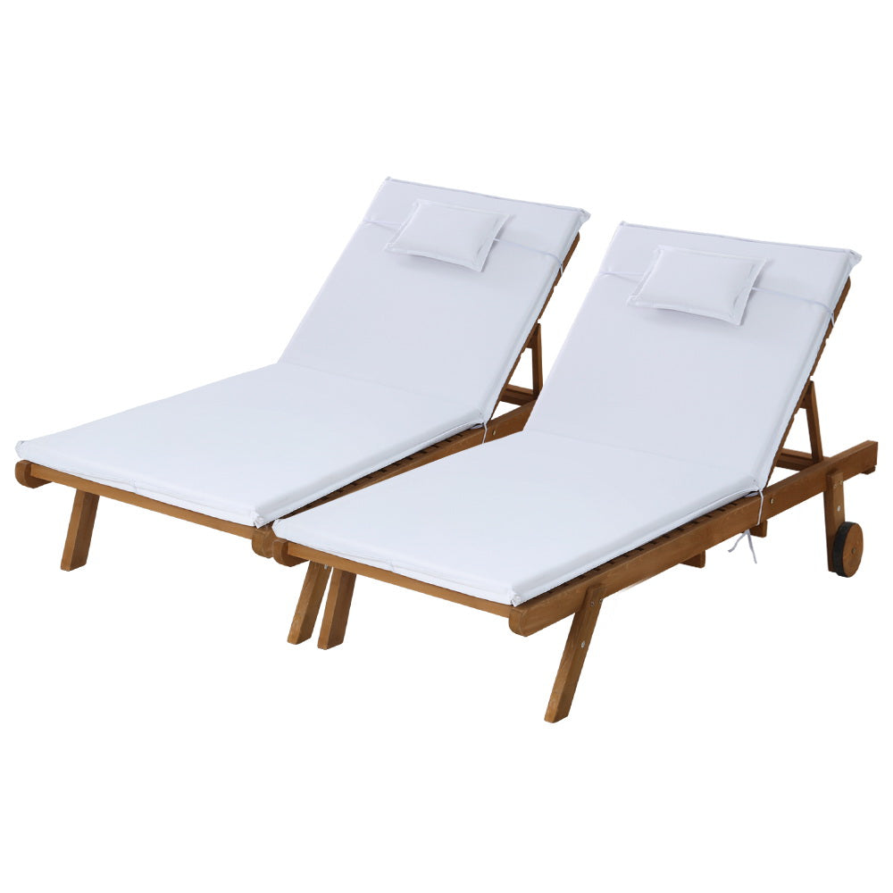 2x Sun Lounge | Wooden Lounger | Outdoor Furniture | Day Bed | Wheel Patio | White
