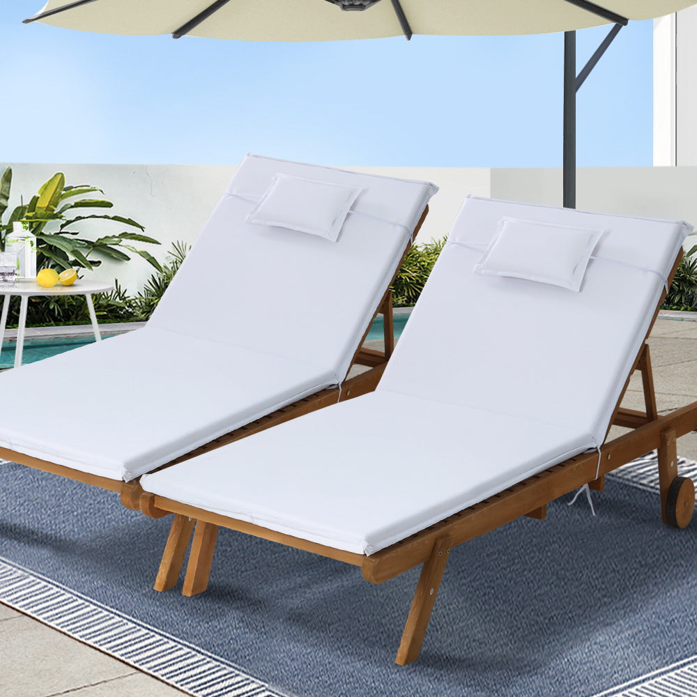 2x Sun Lounge | Wooden Lounger | Outdoor Furniture | Day Bed | Wheel Patio | White
