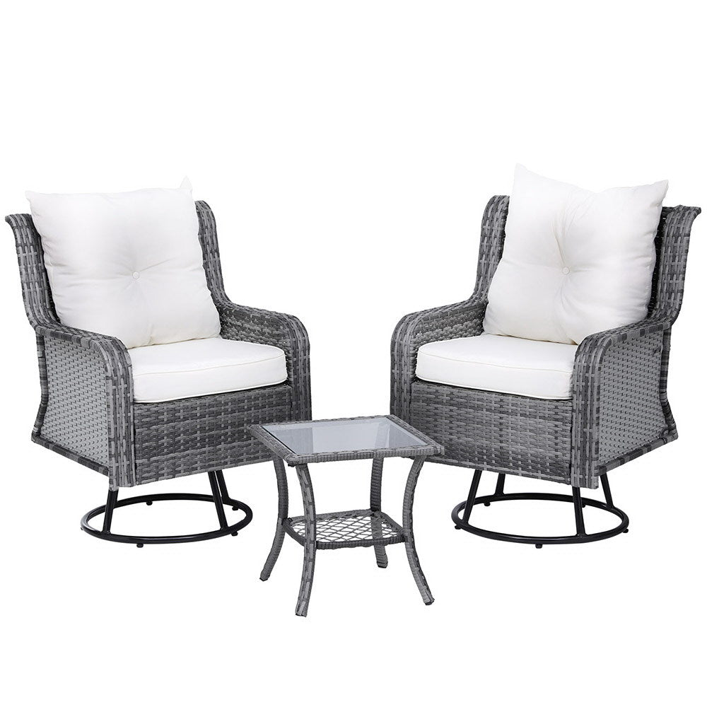 Gardeon 3PC Outdoor Furniture | Bistro Set | Lounge Wicker | Swivel Chairs | Table Cushion | Grey