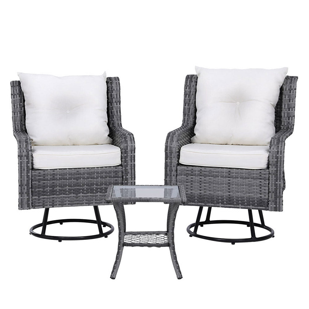 Gardeon 3PC Outdoor Furniture | Bistro Set | Lounge Wicker | Swivel Chairs | Table Cushion | Grey