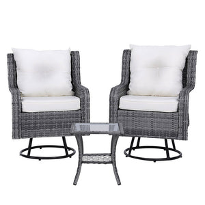 Gardeon 3PC Outdoor Furniture | Bistro Set | Lounge Wicker | Swivel Chairs | Table Cushion | Grey