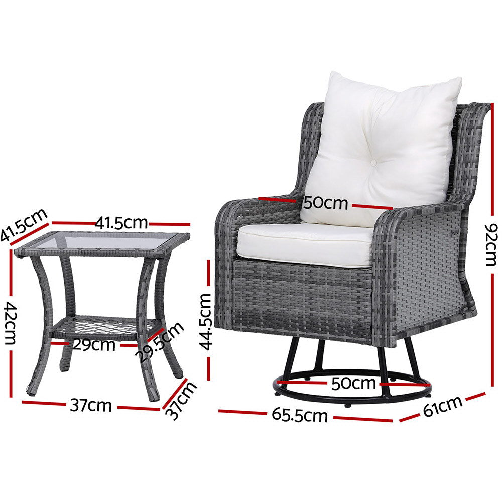 Gardeon 3PC Outdoor Furniture | Bistro Set | Lounge Wicker | Swivel Chairs | Table Cushion | Grey