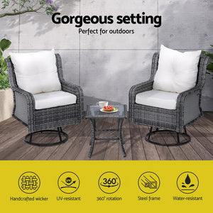 Gardeon 3PC Outdoor Furniture | Bistro Set | Lounge Wicker | Swivel Chairs | Table Cushion | Grey