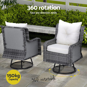 Gardeon 3PC Outdoor Furniture | Bistro Set | Lounge Wicker | Swivel Chairs | Table Cushion | Grey