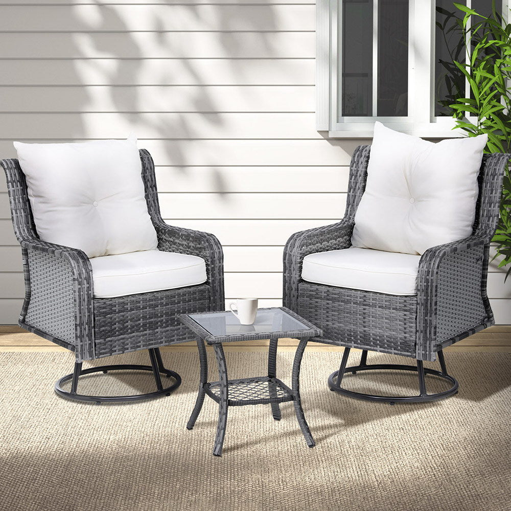 Gardeon 3PC Outdoor Furniture | Bistro Set | Lounge Wicker | Swivel Chairs | Table Cushion | Grey