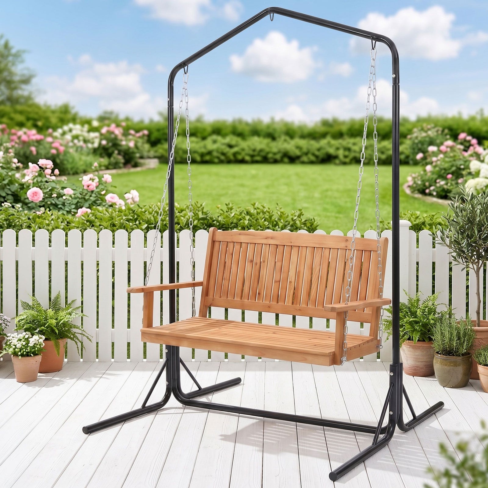 Wooden Outdoor Swing Chair | 2 Seater Hanging Seat with Black Stand