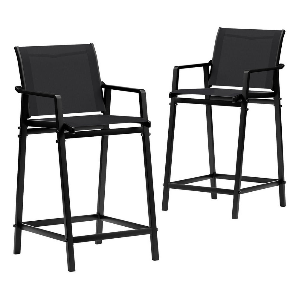 Outdoor Bar Stools Set 2pc | Steel Patio Dining Chairs | Black