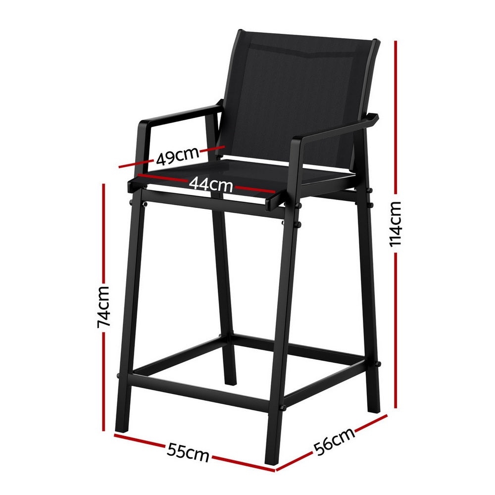 Outdoor Bar Stools Set 2pc | Steel Patio Dining Chairs | Black