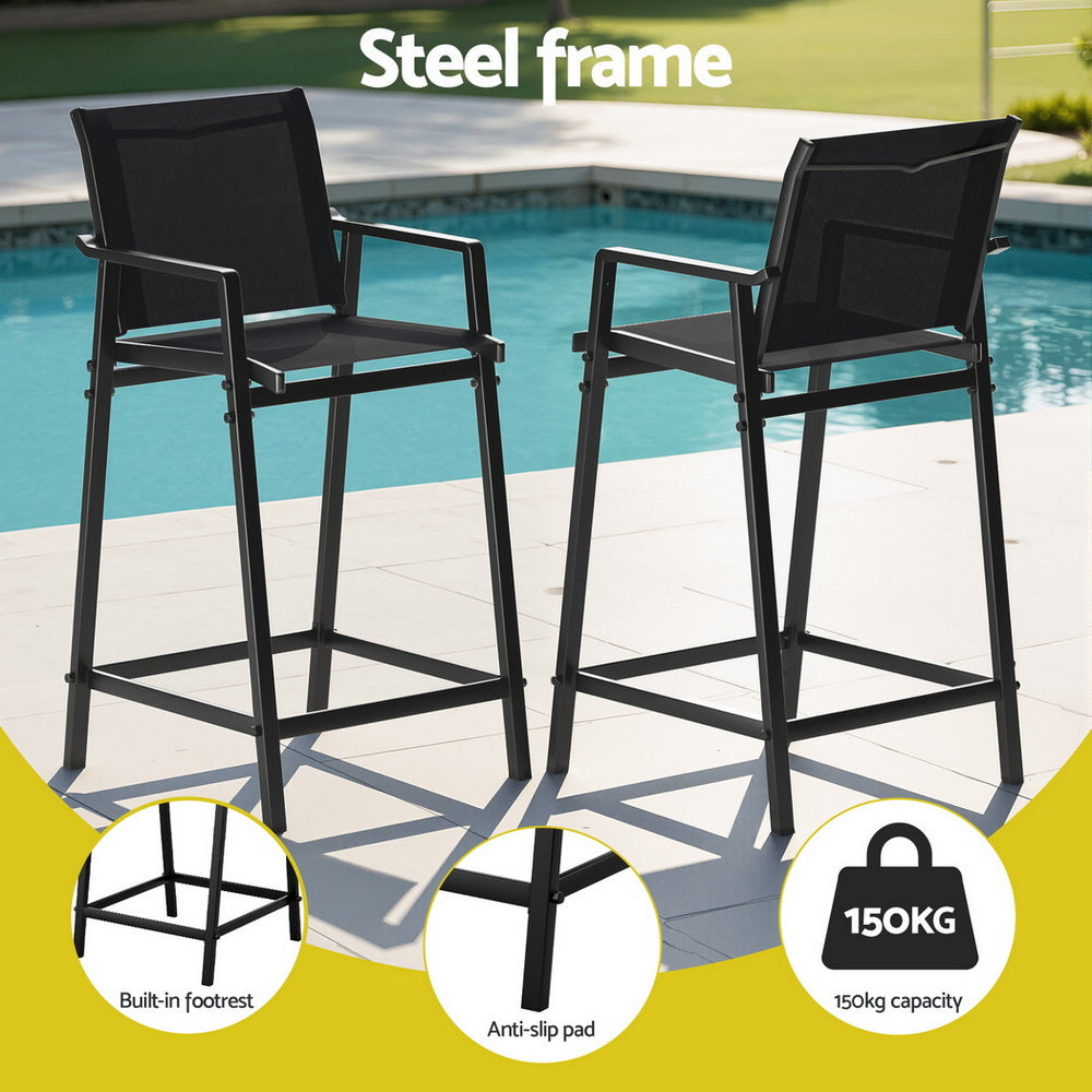 Outdoor Bar Stools Set 2pc | Steel Patio Dining Chairs | Black