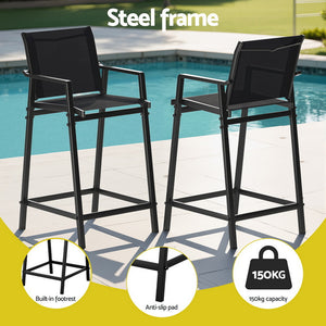 Outdoor Bar Stools Set 2pc | Steel Patio Dining Chairs | Black