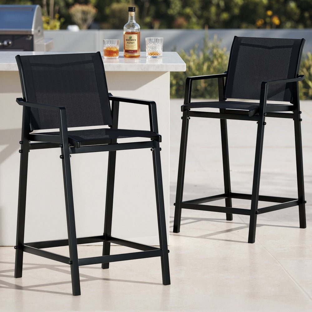 Outdoor Bar Stools Set 2pc | Steel Patio Dining Chairs | Black