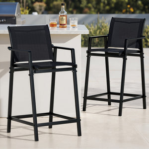 Outdoor Bar Stools Set 2pc | Steel Patio Dining Chairs | Black