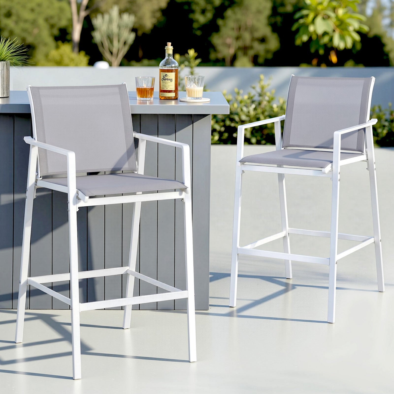 Outdoor Bar Stools | 2 Pack Steel & Textilene Patio Chairs | White