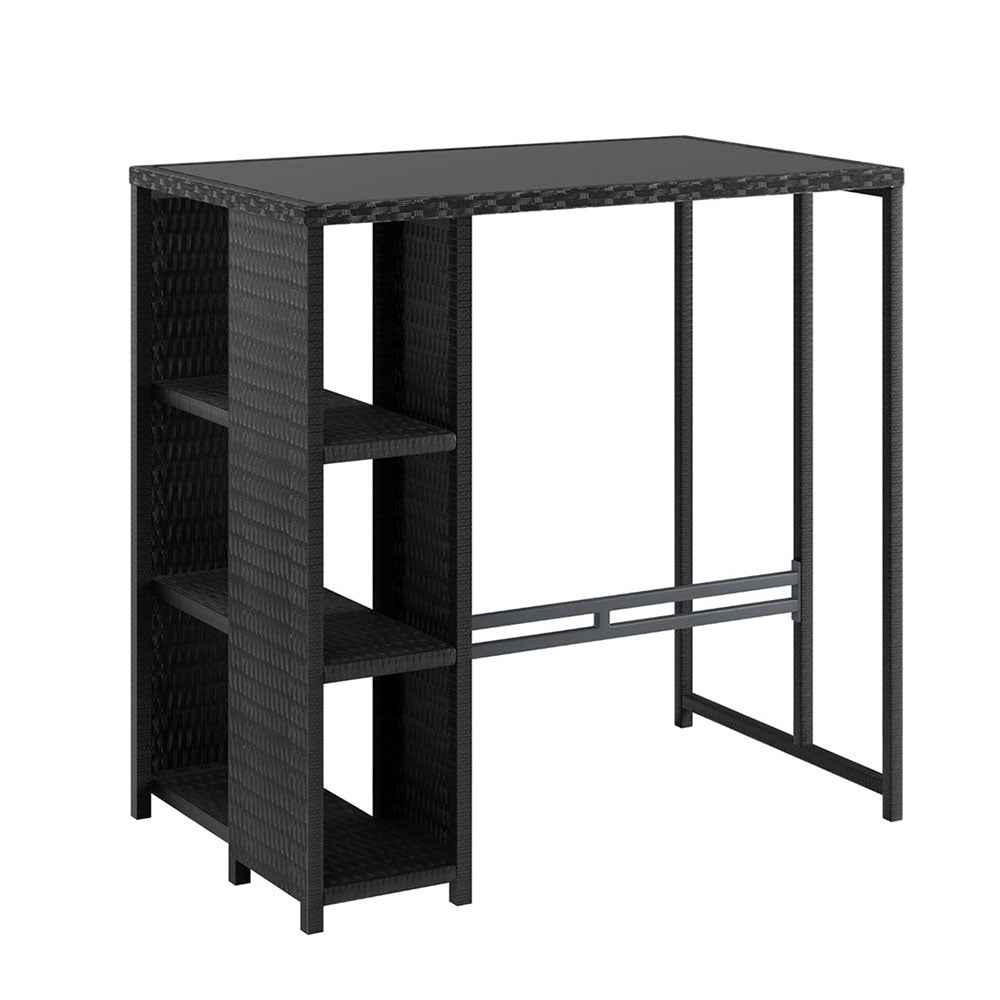 Outdoor Bar Table | Wicker Bistro Dining Glass Desk | Black Steel Frame