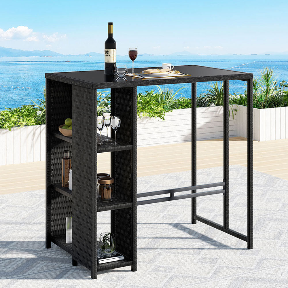 Outdoor Bar Table | Wicker Bistro Dining Glass Desk | Black Steel Frame