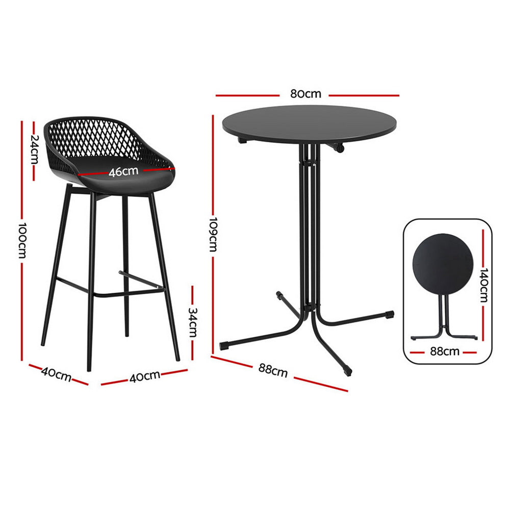 Outdoor Bar Set 3pc | Table + 2 Stools | Patio Bistro | Black