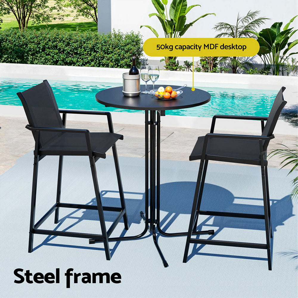 Outdoor Bar Set 3pc | Steel Table + 2 Bar Stools | Black