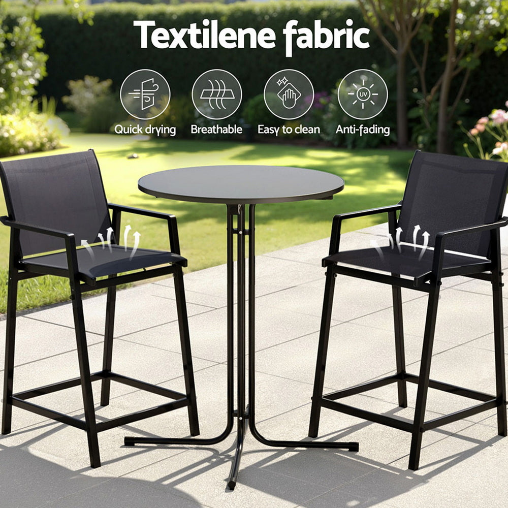 Outdoor Bar Set 3pc | Steel Table + 2 Bar Stools | Black