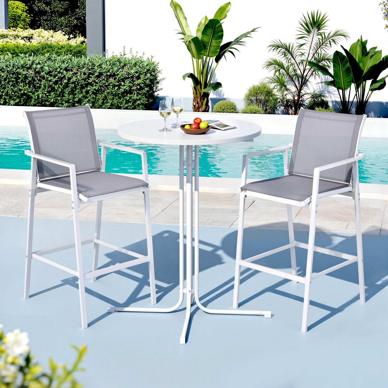 Outdoor Bar Set | 3 Piece Steel Bistro Table & Stools | White