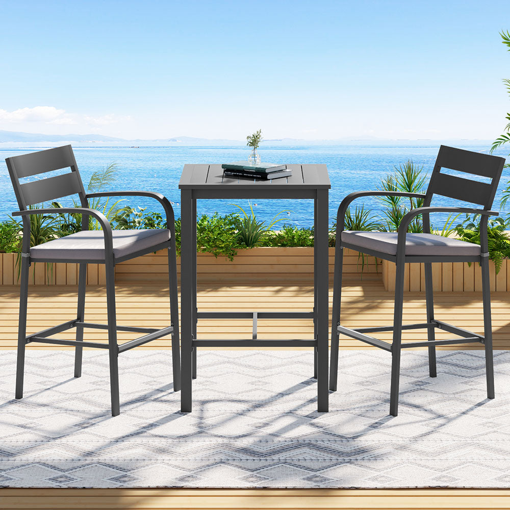 Gardeon Outdoor Bar Set | 3PCS | Bistro Table + Stools | Aluminium | Black