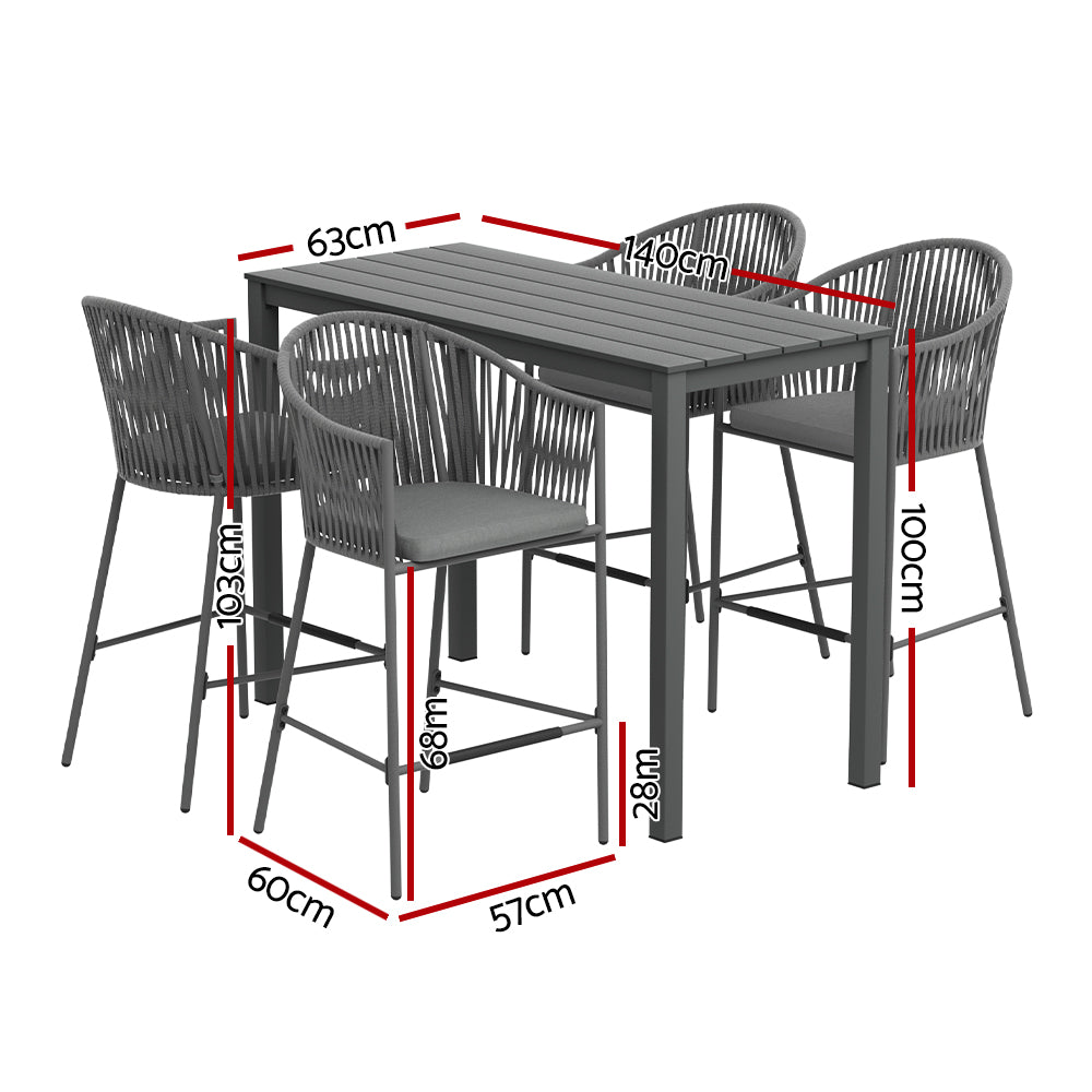 Outdoor Bar Set | 5-Piece | Dining Table with Rope Chairs | Patio Bistro Set