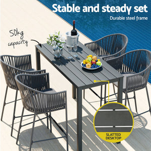 Outdoor Bar Set | 5-Piece | Dining Table with Rope Chairs | Patio Bistro Set
