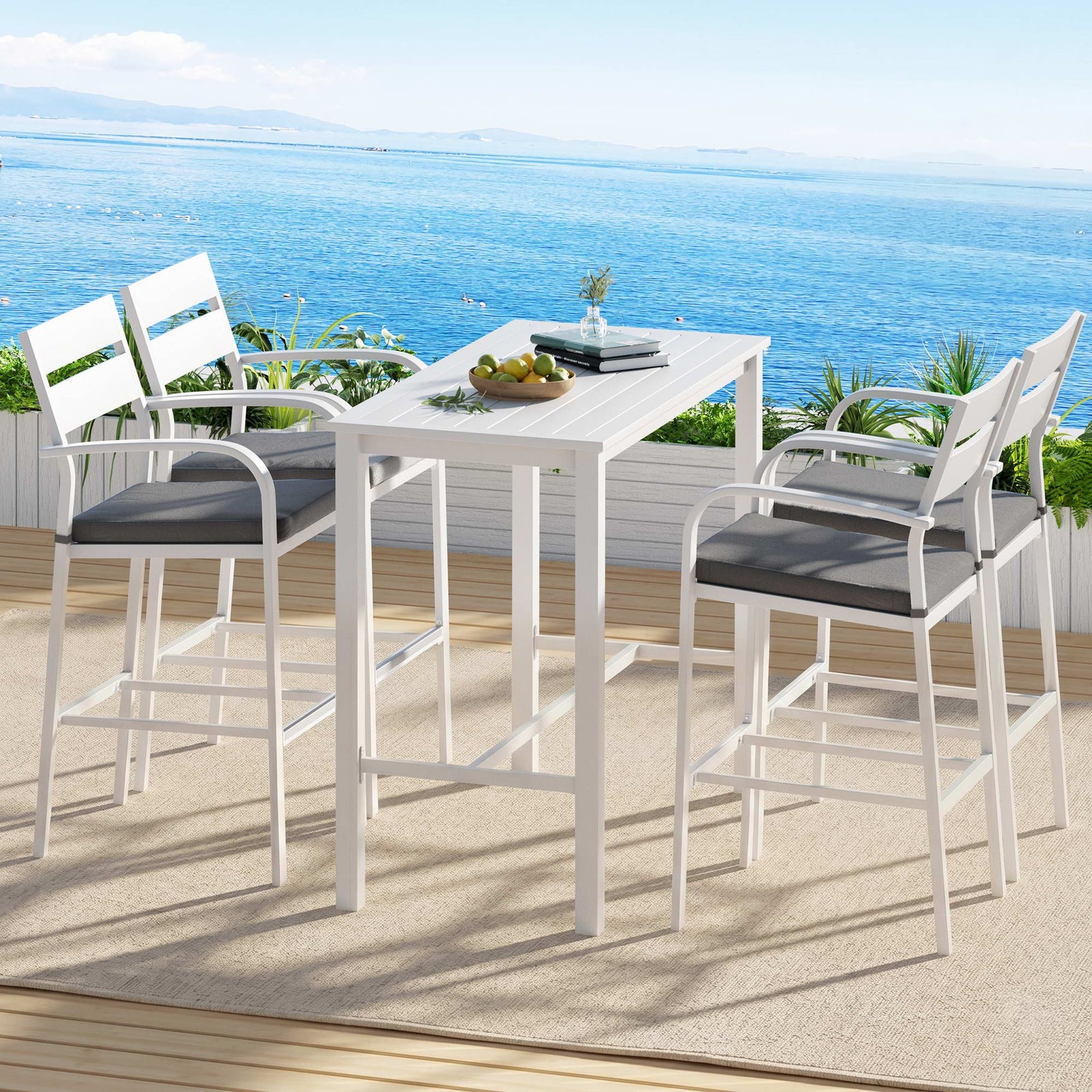 Outdoor Bar Set | 5 Piece Aluminium Table & Stools | White