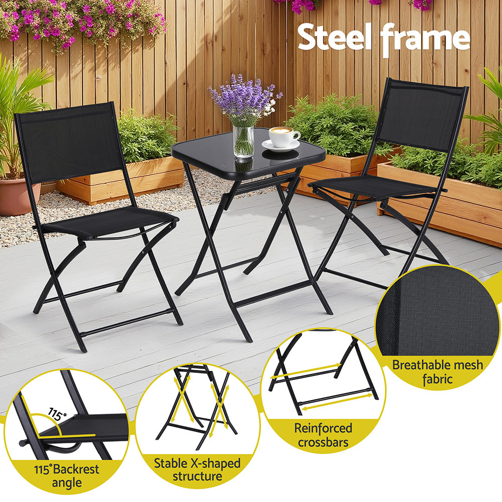 Folding Outdoor Bistro Set | Table + Chairs | Steel | Black