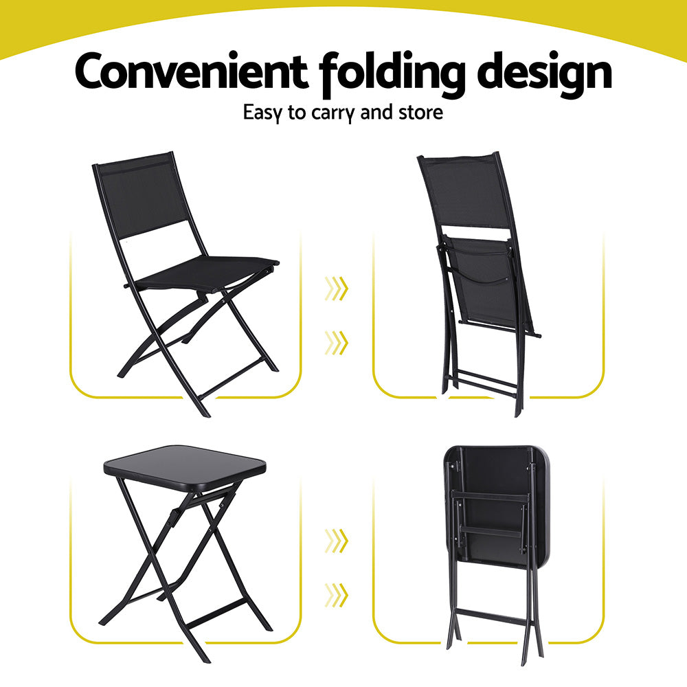 Folding Outdoor Bistro Set | Table + Chairs | Steel | Black