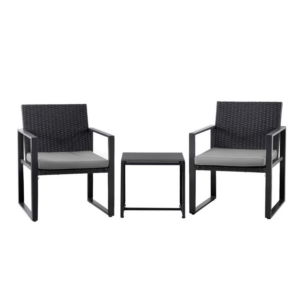 Gardeon Outdoor Bistro Set | 3PCS | Wicker Chairs + Table | With Cushions | Black
