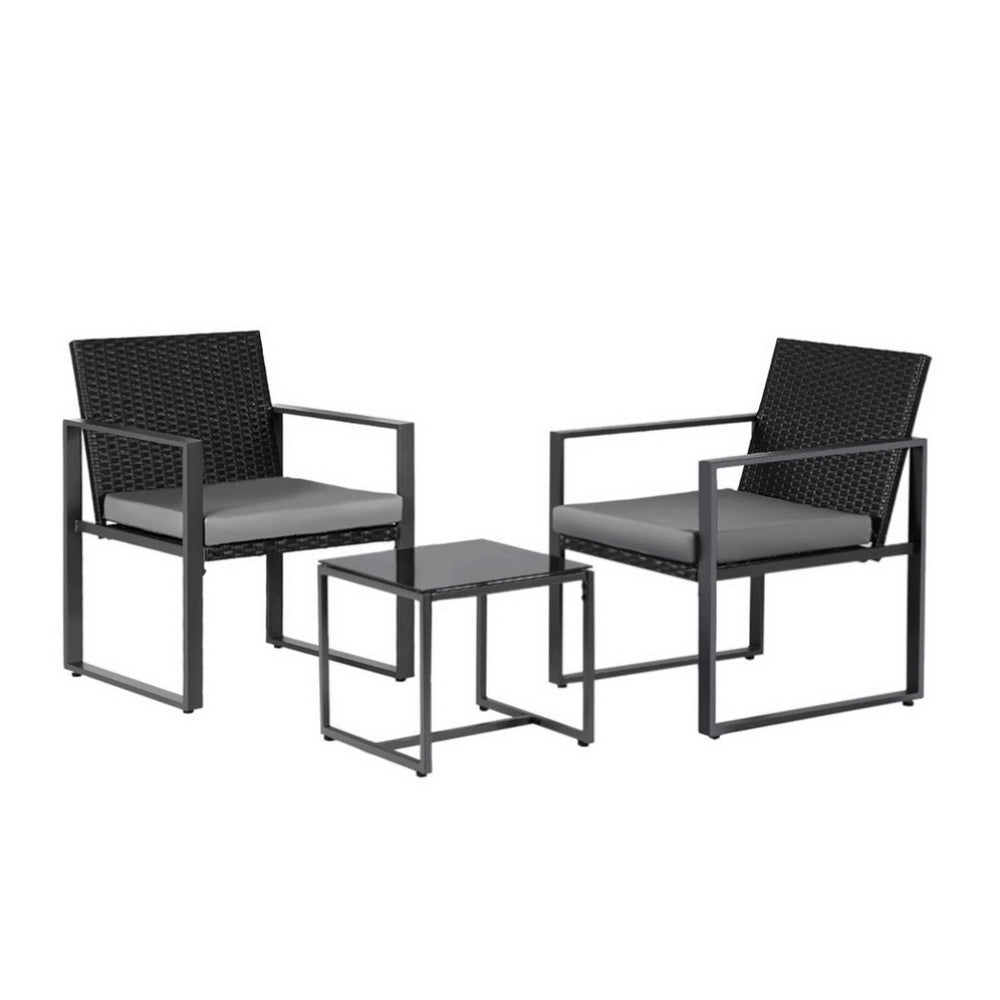 Gardeon Outdoor Bistro Set | 3PCS | Wicker Chairs + Table | With Cushions | Black