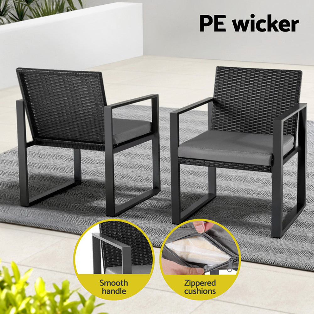 Gardeon Outdoor Bistro Set | 3PCS | Wicker Chairs + Table | With Cushions | Black