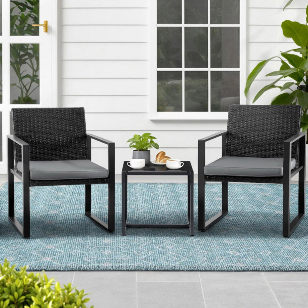 Gardeon Outdoor Bistro Set | 3PCS | Wicker Chairs + Table | With Cushions | Black