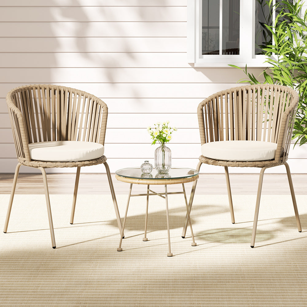 3PC Outdoor Bistro Set | Patio Furniture | Rope Setting Chairs Table | Beige