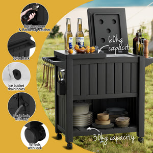 Outdoor Storage Cabinet Box | 80L | Ice Bucket Cooler | Rolling Serving Cart | Kitchen Trolley