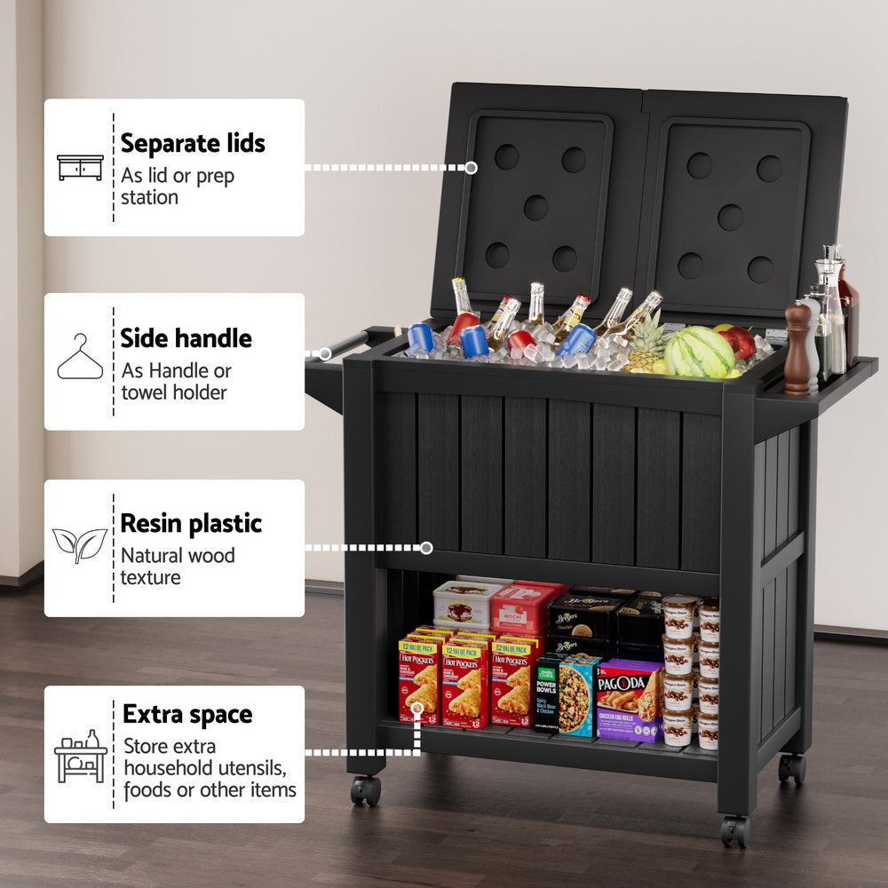 Outdoor Storage Cabinet Box | 80L | Ice Bucket Cooler | Rolling Serving Cart | Kitchen Trolley
