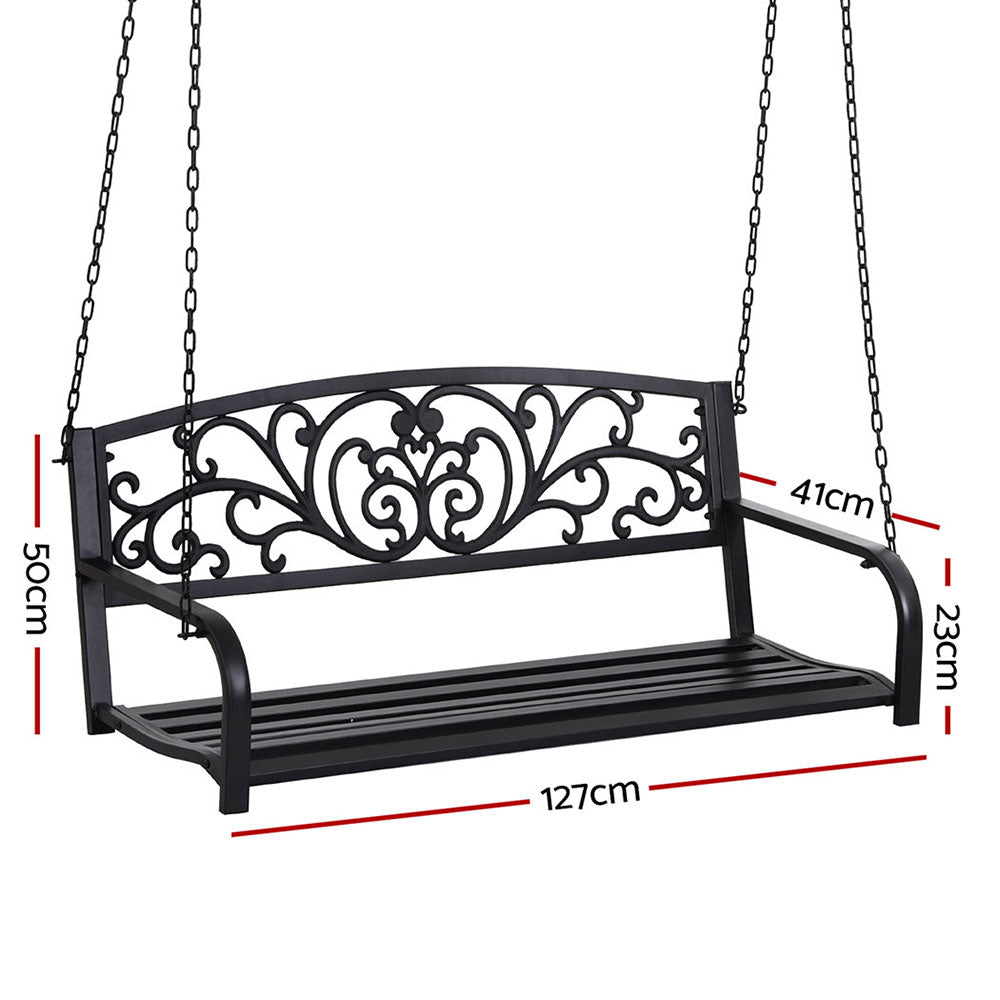 Outdoor Porch Swing Chair | Patio Furniture | Floral Backrest | 2 Seater | Black
