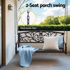 Outdoor Porch Swing Chair | Patio Furniture | Floral Backrest | 2 Seater | Black