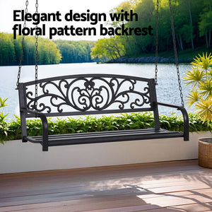 Outdoor Porch Swing Chair | Patio Furniture | Floral Backrest | 2 Seater | Black