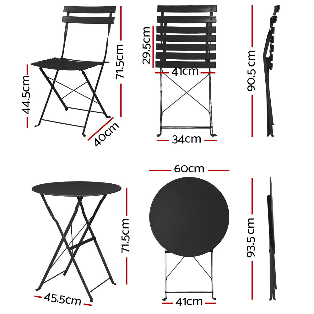 3PC Outdoor Bistro Set | Steel Table and Chairs | Patio Furniture | Black