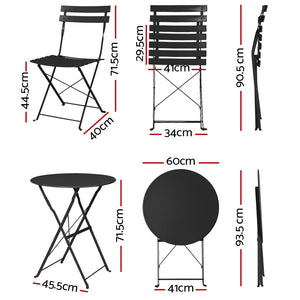 3PC Outdoor Bistro Set | Steel Table and Chairs | Patio Furniture | Black