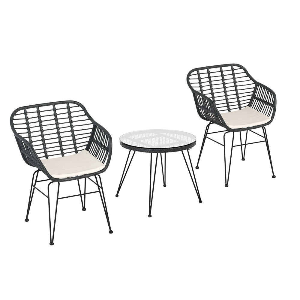 3PC Outdoor Furniture Bistro Set | Lounge Setting | Table Chairs | Cushion Patio | Grey